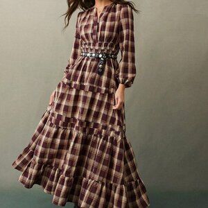 Burgundy Casual Women's Western Plaid Notch V-Neck Tiered Long Sleeve maxi Dress
